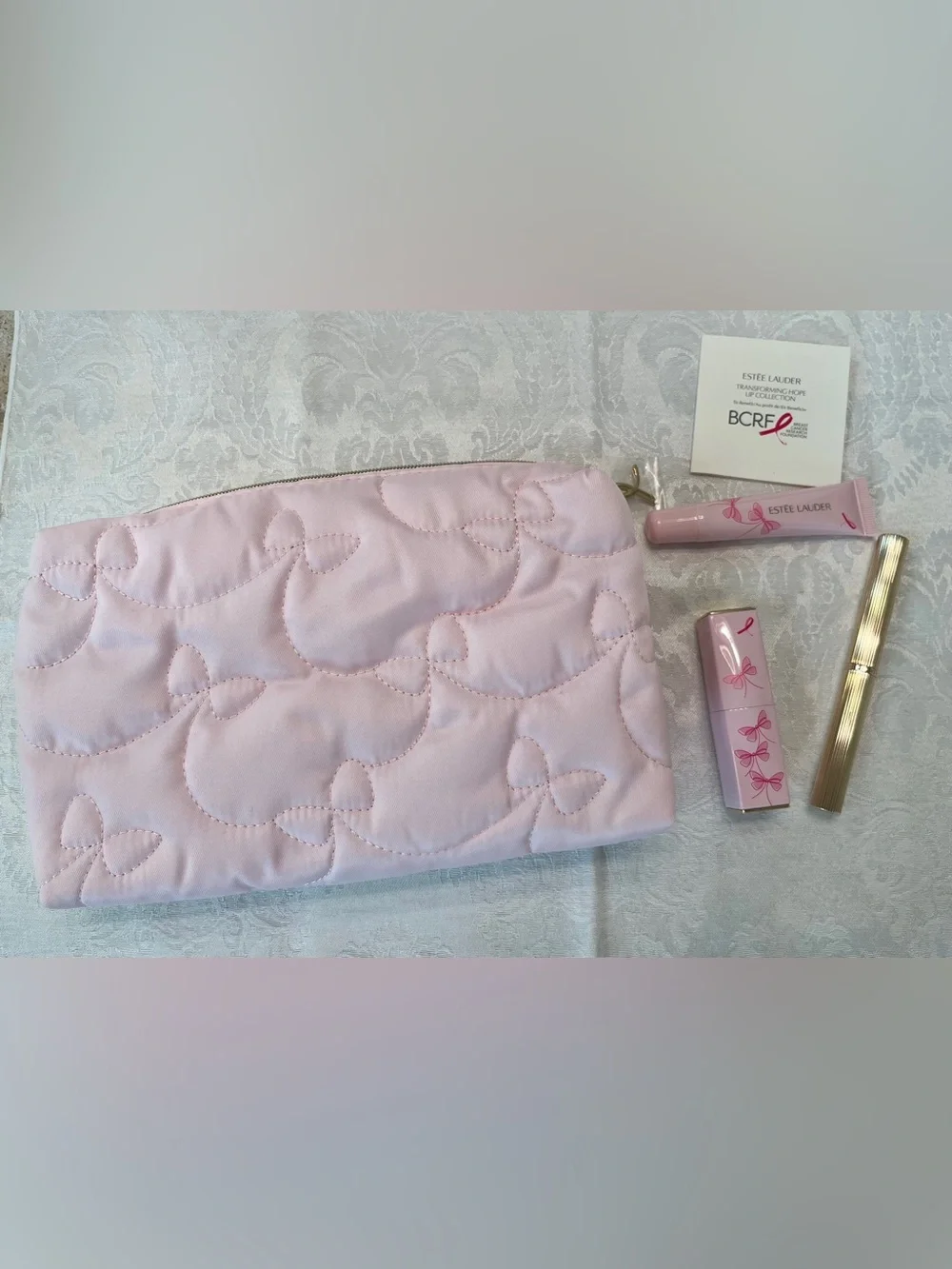 Estée Lauder Lip Collection with Pink Quilted Cosmetic Pouch “Transforming Hope”